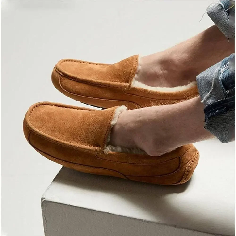 Cuiapl Mens Moccasin Slippers Tan Brown Suede Warm Fur Lined House Loafers Size